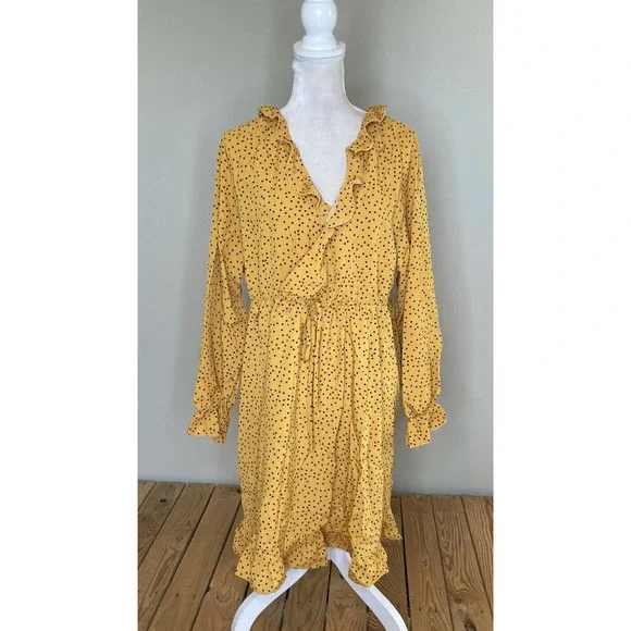 Shein Dresses | New Shein Long Sleeve Midi Dress Size XL Womens Yellow Ruffle Trim Polka Dot | Color: Yellow | Size: XL | Smashyhoward's Closet